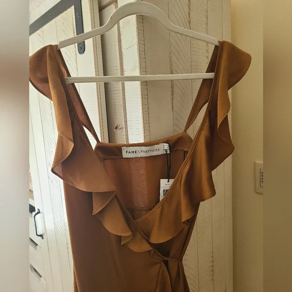 Fame and Partners wrap dress with ruffled straps in butterscotch. NWT sz 6 - Picture 2 of 5
